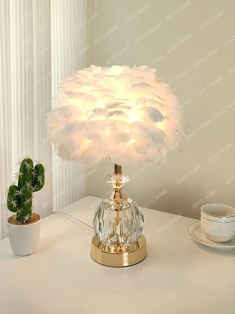 Crystal feather table lamp bedroom Nordic