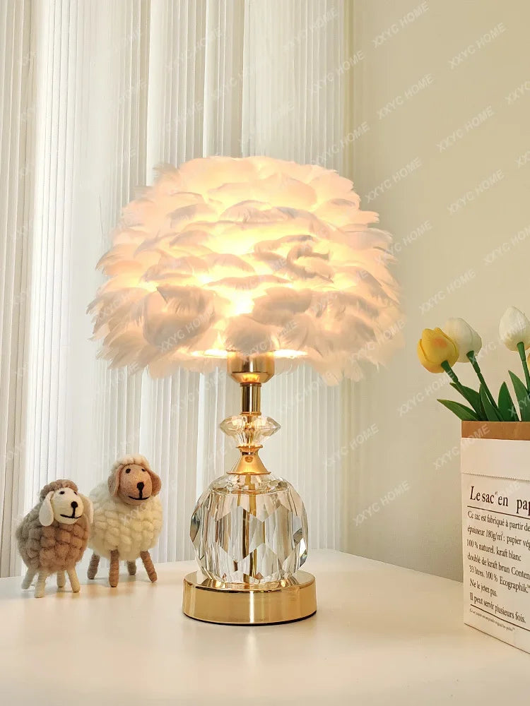 Crystal feather table lamp bedroom Nordic