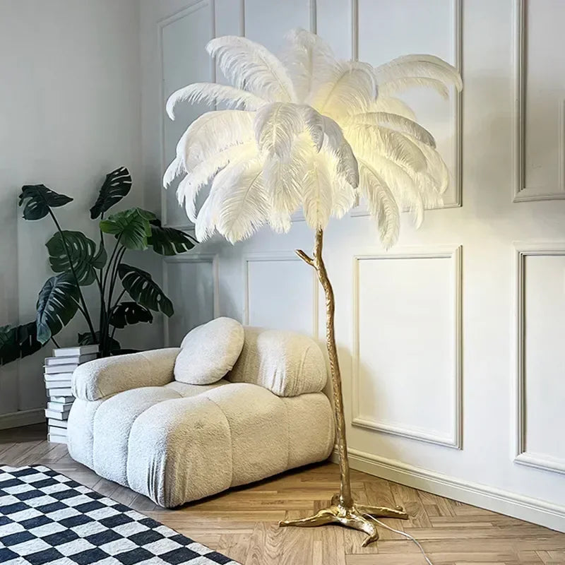 Nordic Ostrich Feather Led Floor Lamp Resin Copper Living Room Home Decor Standing Light Indoor Lighting