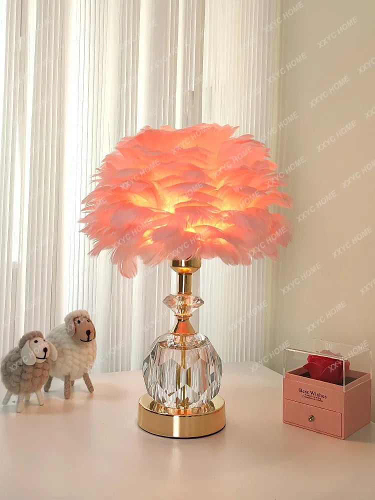 Crystal feather table lamp bedroom Nordic